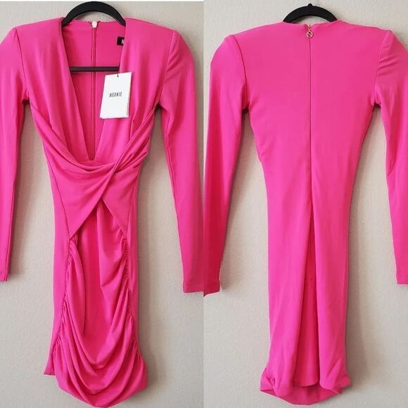 NOOKIE Neon Hot Pink Envy Plunging Neck Mini Dress Size XS - Picture 4 of 5